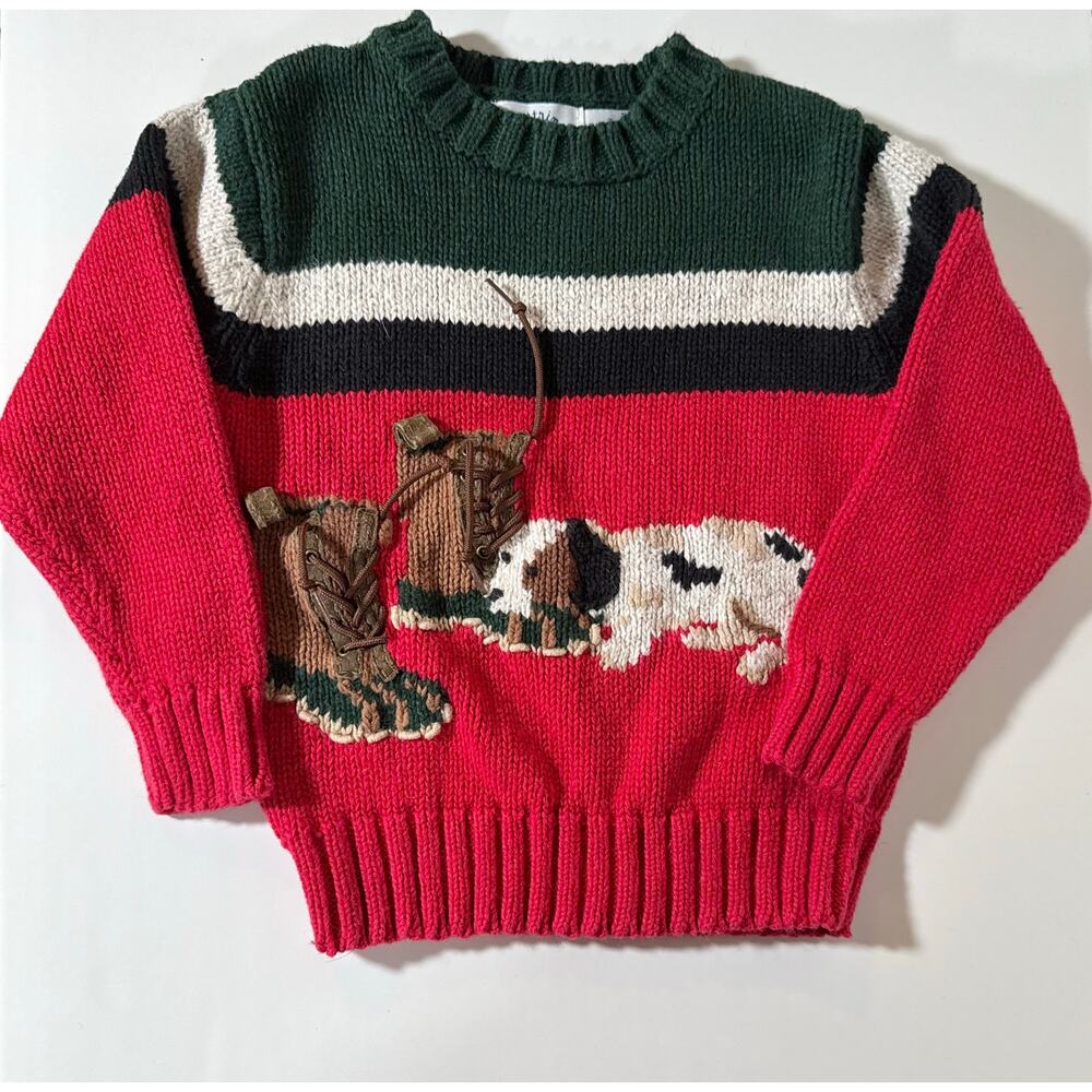 Kitestrings‎ Vintage Kids Knit Sweater Boots Dog Red Green Black Stripes Size 4